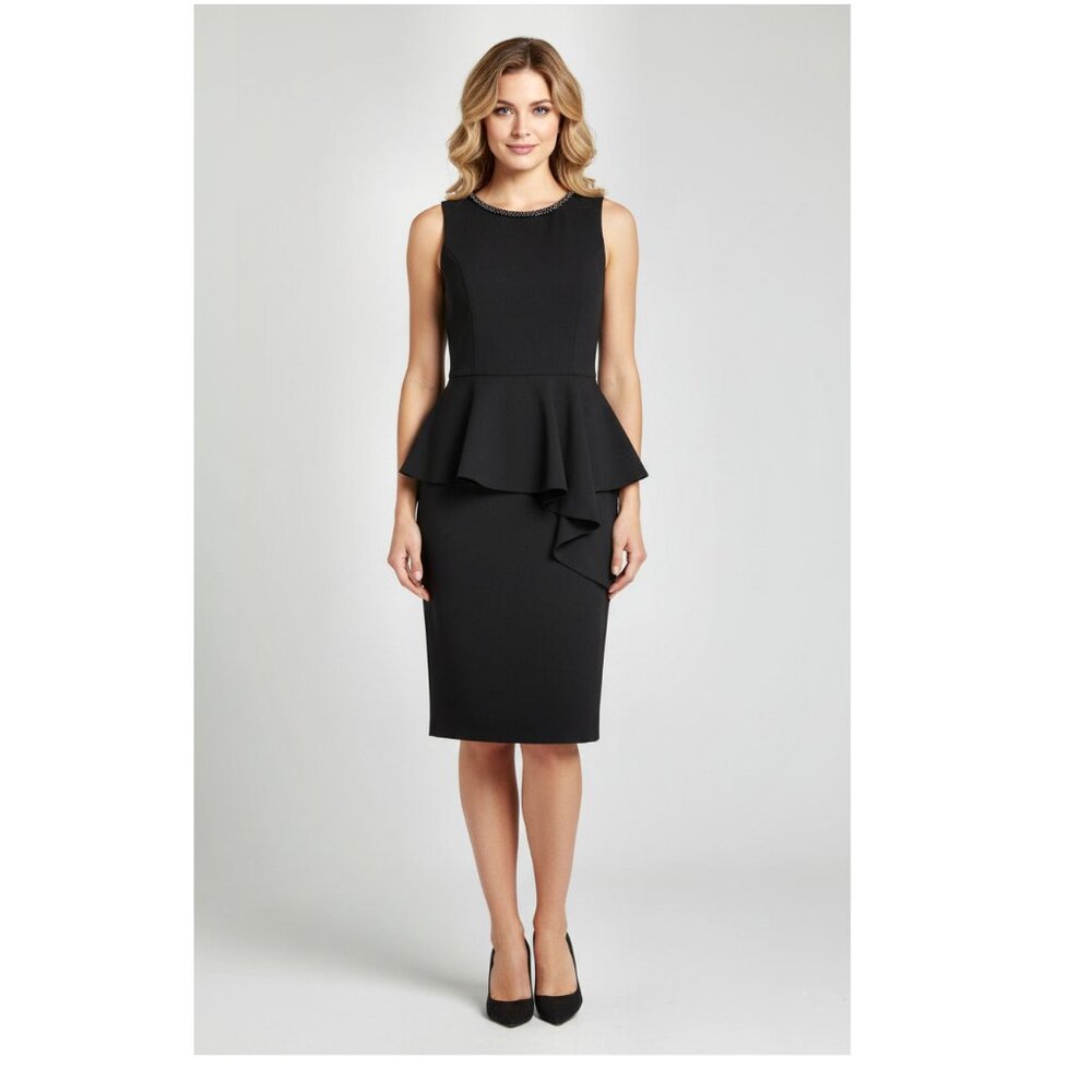 Eliza J Sleeveless Peplum Dress with Embellished Neckline, Black, Womens Size 10